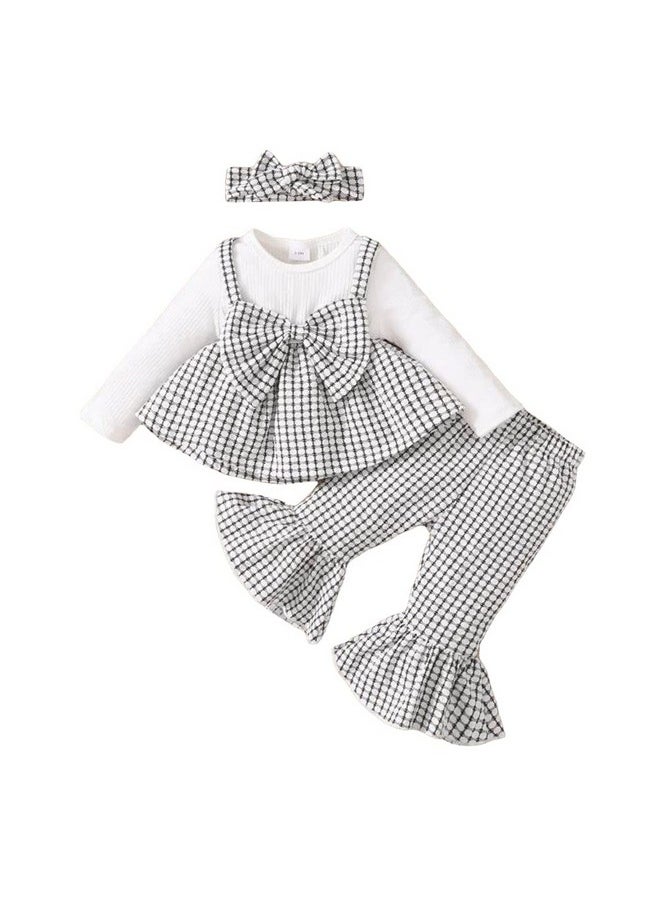 Hopscotch Girls Check Print Top Pant Set with Headband In White Color for Ages 9-12 Months