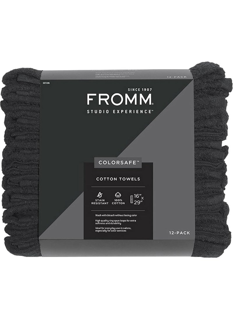Fromm ColorSafe 100 Cotton Bleach Proof Salon Hair Towels for Hairstylists Barbers Spa Gym in Black 16 by 29 12 Count Absorbent Stain Resistant Towels for Drying Curly Long Wavy Hair