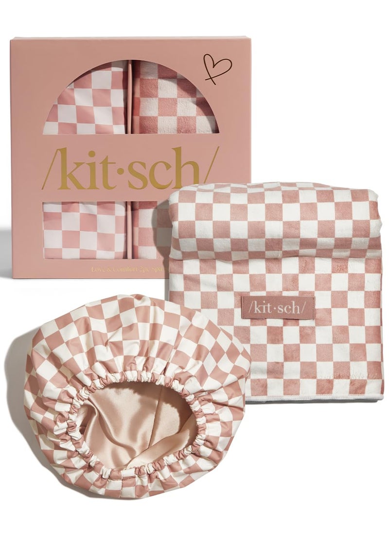 Kitsch Love  Comfort 2PC Spa Set  Satin Lined Reusable Waterproof Shower Cap and XL Quick Dry Hair Towel Wrap for Women Microfiber Towel Flexi Shower Cap For All Hair Types  Terracotta Checker