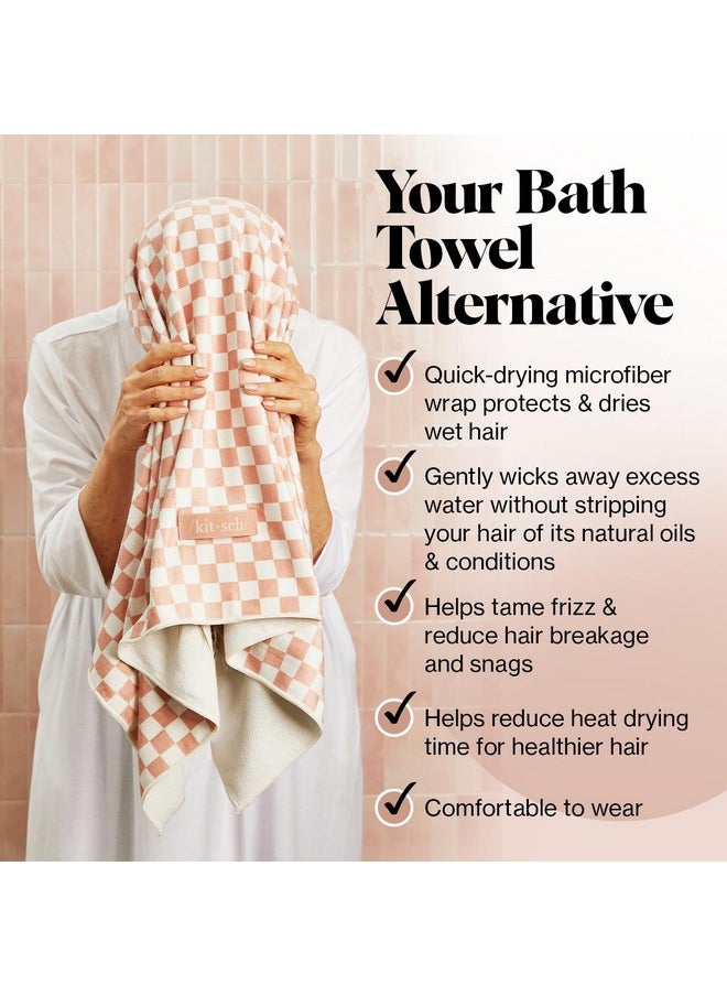 Kitsch XL Microfiber Hair Towel Wrap - Soft Hair Towels for Women | Quick Drying Microfiber Hair Towel for Curly Hair | Large Hair Wrap Towels | Hair Turbans for Wet Hair (Terracotta Checker)