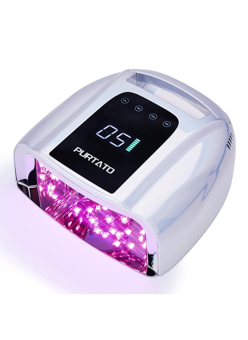 Professional Rechargeable 96W UV LED Portable Cordless UV Light for Nail Lamp Machine with Removable Stainless Steel Bottom4 Timer Setting and Smart Sensor Nail Dryer Plating Silver