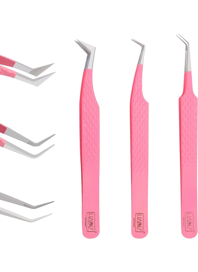 Hadiz Fiber Tip Volume Lash Tweezers Eyelash Extensions Volume Mega Volume 45 and 90 Degree TweezersPack of 3 PINK