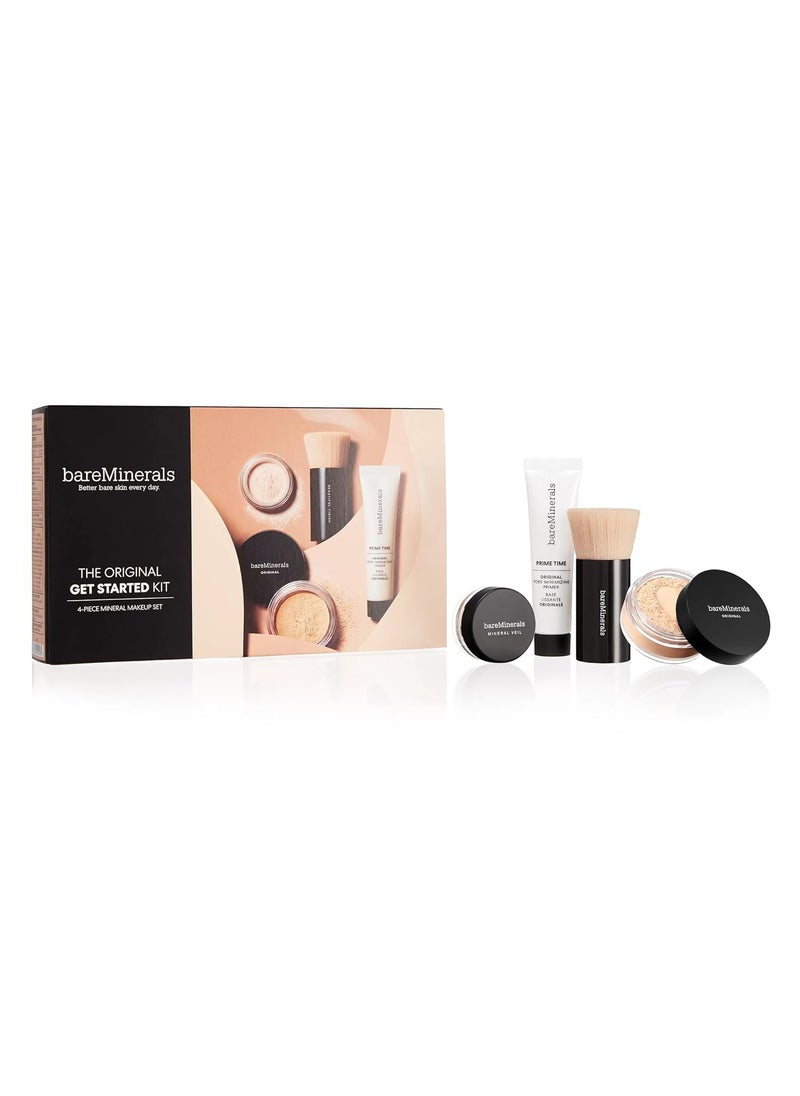bareMinerals Original Get Started Kit 4 Piece Mini Mineral Makeup Includes Original Loose Foundation Face Primer Setting Powder Brush Travel Sizes MustHave Kit Vegan