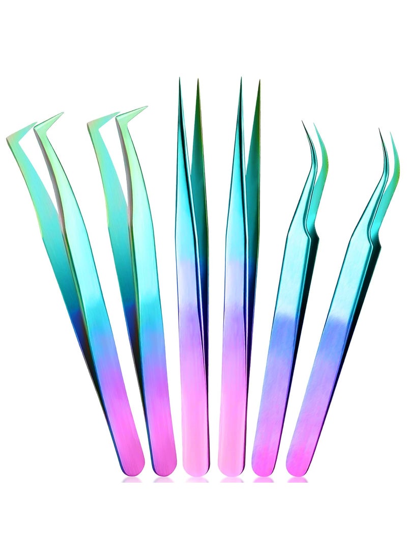 6Pack Eyelash Extension Tweezers Stainless Steel Straight Curved Tip Tweezers Single Eyelash False Eyelash Application ToolsRainbow
