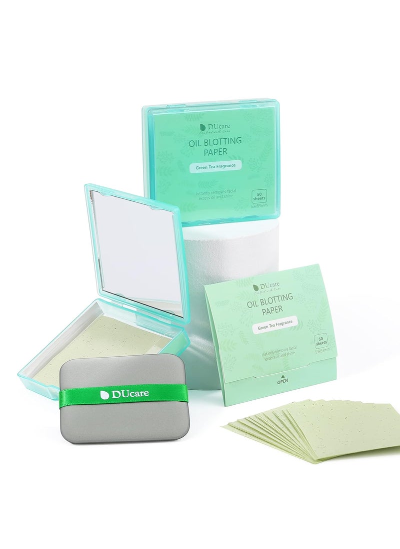 Oil Blotting Sheets for Face DUcare 100 Counts Green Tea Blotting Paper For Oily Skin with Portable Mirror Case  Makeup Puff Oil Absorbing Sheets For Face