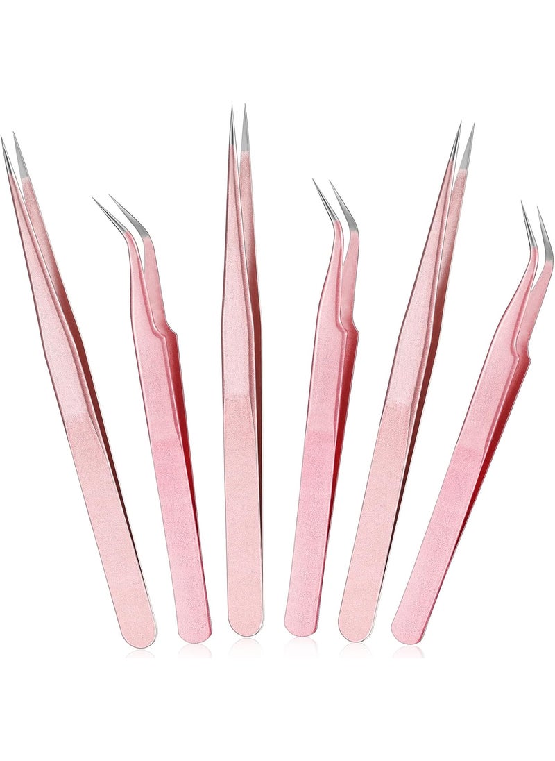 Mudder 6 Pcs Lash Tweezers Precision Eyelash Tweezers for Lash Extension Straight and Curved Tip Stainless Steel for False Volume Eyelash Application ToolsRose Gold
