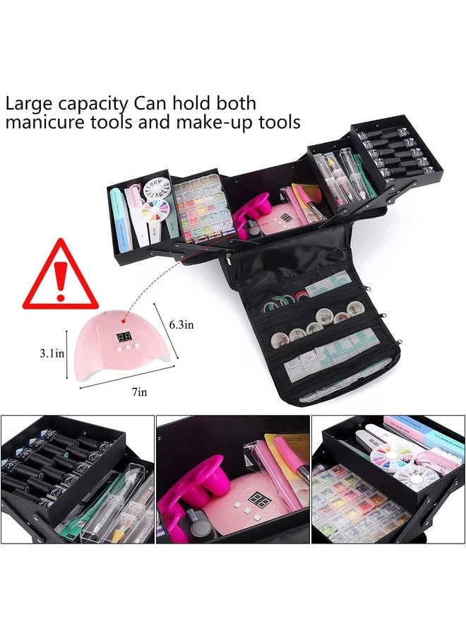 KIRA Makeup Travel Train Case, Large Makeup Organizer Bag, 4 Tier Professional Makeup Bag Storage Box Cosmetic Train Case with Straps Pockets Luggage Belt for Nail Tools Makeup Brushes (Black)