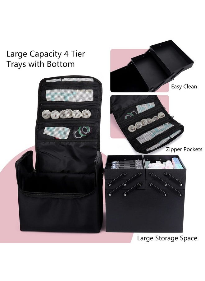 KIRA Makeup Travel Train Case, Large Makeup Organizer Bag, 4 Tier Professional Makeup Bag Storage Box Cosmetic Train Case with Straps Pockets Luggage Belt for Nail Tools Makeup Brushes (Black)