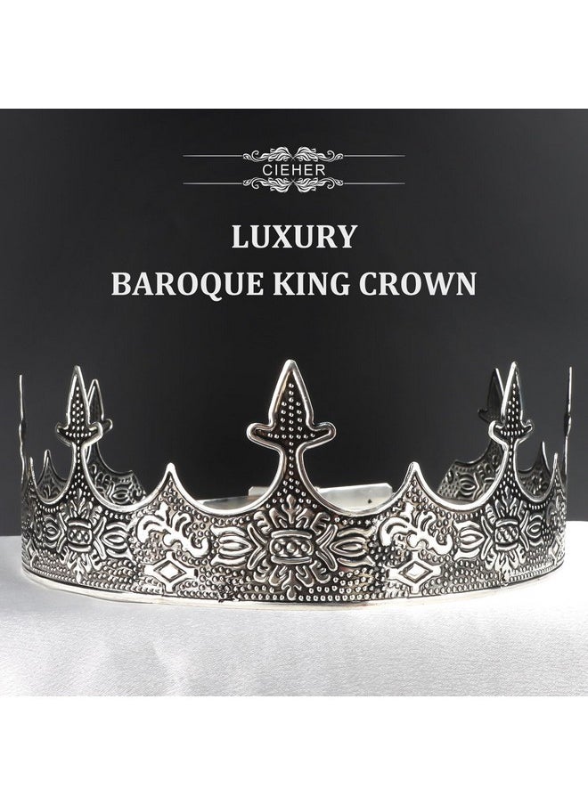 King Crown, CIEHER King Crowns for Men Baroque Royal Crown (Adjustable Size) Prom Crown Prince Tiara Luxury Evil Crown for Birthday King Halloween Cosplay Party, Alexander - Ancient Silver