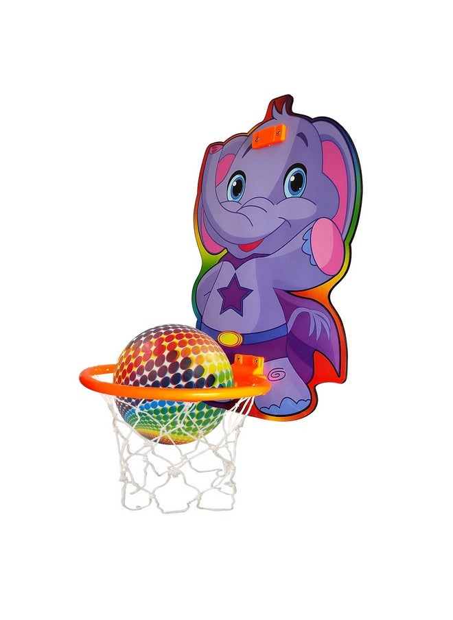 NHR Elephant Face Printed Small Basket Ball kit Set with Ring for Kids, Playing Indoor Outdoor Basket Ball, Hanging Board with Net & Ball (Multicolor)
