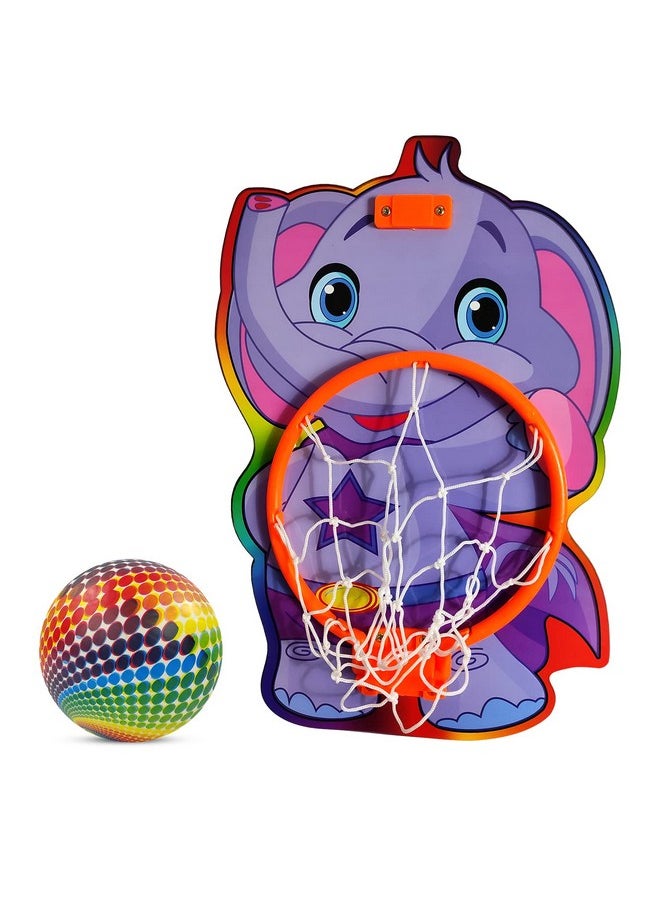NHR Elephant Face Printed Small Basket Ball kit Set with Ring for Kids, Playing Indoor Outdoor Basket Ball, Hanging Board with Net & Ball (Multicolor)