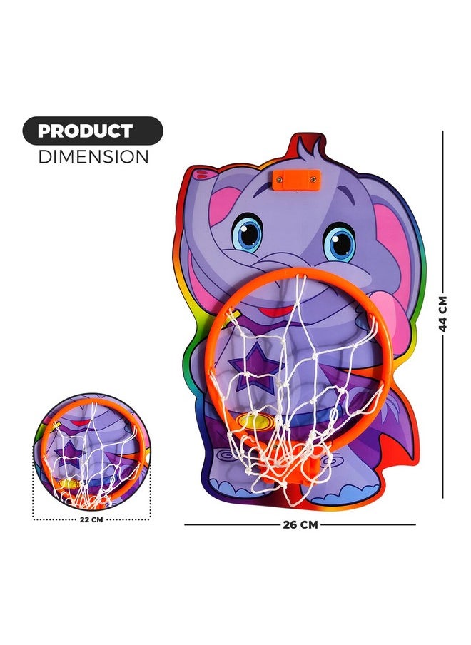 NHR Elephant Face Printed Small Basket Ball kit Set with Ring for Kids, Playing Indoor Outdoor Basket Ball, Hanging Board with Net & Ball (Multicolor)