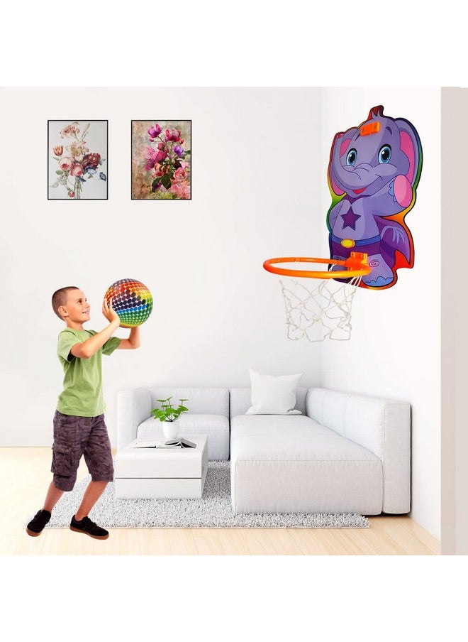 NHR Elephant Face Printed Small Basket Ball kit Set with Ring for Kids, Playing Indoor Outdoor Basket Ball, Hanging Board with Net & Ball (Multicolor)