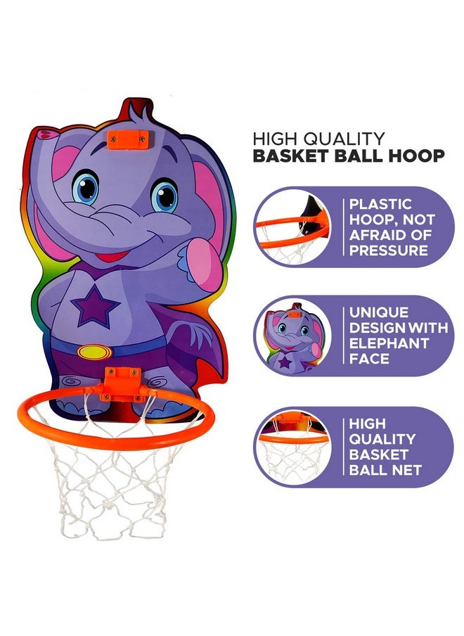 NHR Elephant Face Printed Small Basket Ball kit Set with Ring for Kids, Playing Indoor Outdoor Basket Ball, Hanging Board with Net & Ball (Multicolor)