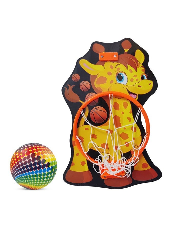 NHR Small Basket Ball Kit Set with Ring for Kids, Playing Indoor Outdoor Basket Ball, Hanging Board with Net & Ball (Giraffe Face Printed), Multi Color