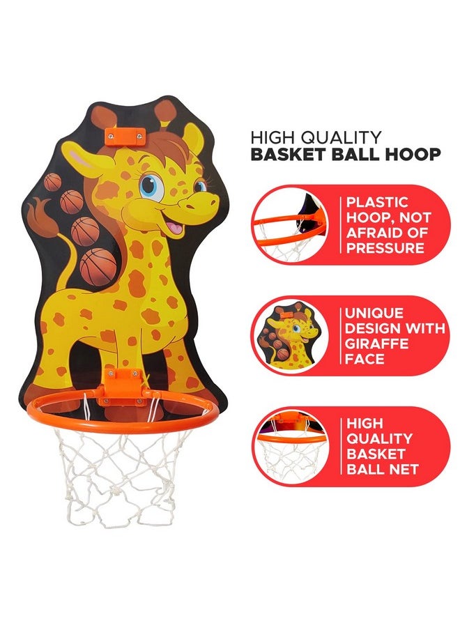 NHR Small Basket Ball Kit Set with Ring for Kids, Playing Indoor Outdoor Basket Ball, Hanging Board with Net & Ball (Giraffe Face Printed), Multi Color