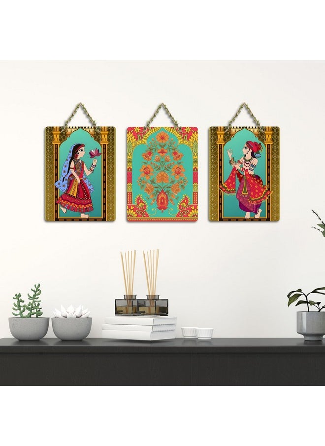 Artvibes Rajasthani Art Wooden Wall Hanging Decoration Item for Home | Bedroom | Mdf Designer Artwork Decorative for Living Room | Ideal Gift | Stylish Modern Decor Item for Hall (WH_9603N) (Set of 3)