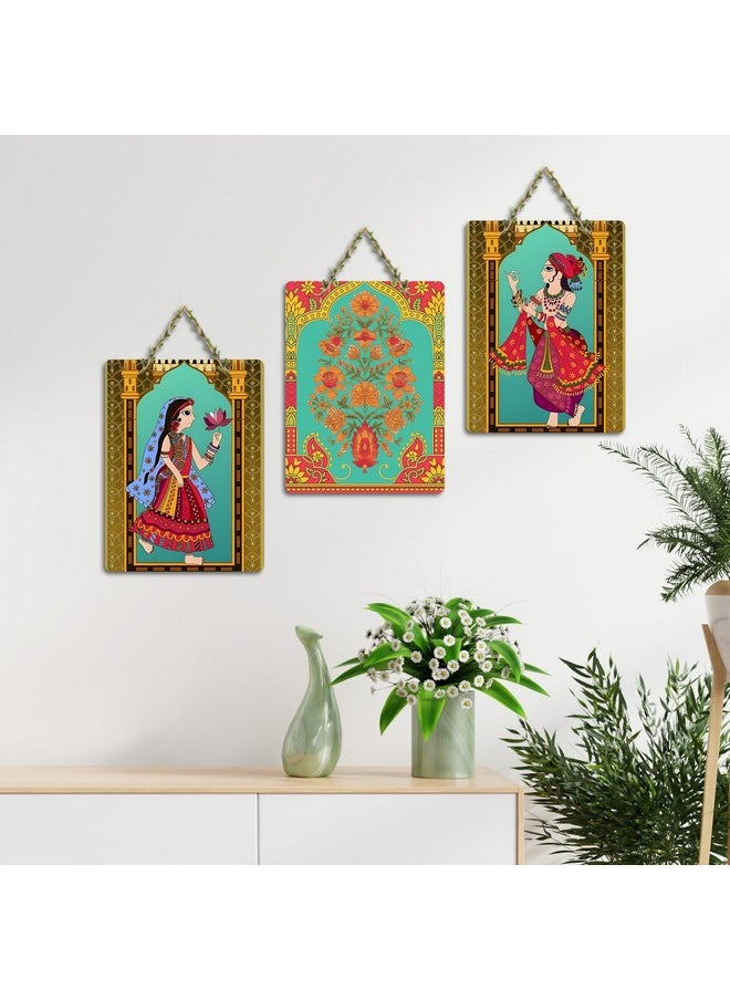 Artvibes Rajasthani Art Wooden Wall Hanging Decoration Item for Home | Bedroom | Mdf Designer Artwork Decorative for Living Room | Ideal Gift | Stylish Modern Decor Item for Hall (WH_9603N) (Set of 3)