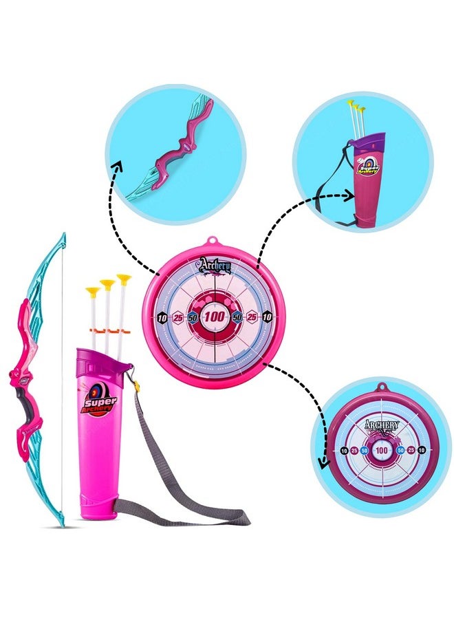 FunBlast Bow and Arrow Toy Set - Target Shooting Archery Toy Set, Real Action Shooting Bow and Arrow, Indoor and Outdoor Shooting Game, 1 Bow and 3 Arrow (Pink)