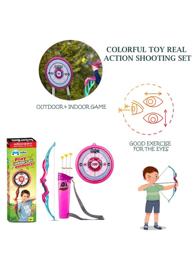 FunBlast Bow and Arrow Toy Set - Target Shooting Archery Toy Set, Real Action Shooting Bow and Arrow, Indoor and Outdoor Shooting Game, 1 Bow and 3 Arrow (Pink)