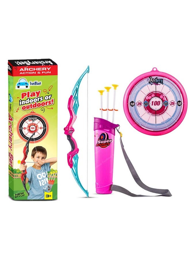 FunBlast Bow and Arrow Toy Set - Target Shooting Archery Toy Set, Real Action Shooting Bow and Arrow, Indoor and Outdoor Shooting Game, 1 Bow and 3 Arrow (Pink)