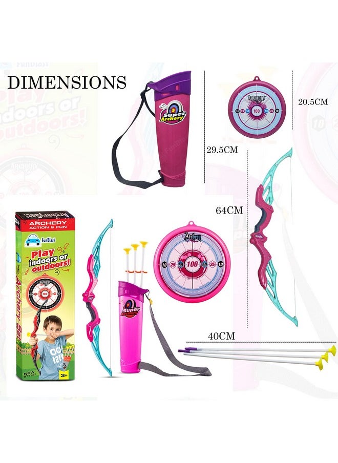 FunBlast Bow and Arrow Toy Set - Target Shooting Archery Toy Set, Real Action Shooting Bow and Arrow, Indoor and Outdoor Shooting Game, 1 Bow and 3 Arrow (Pink)