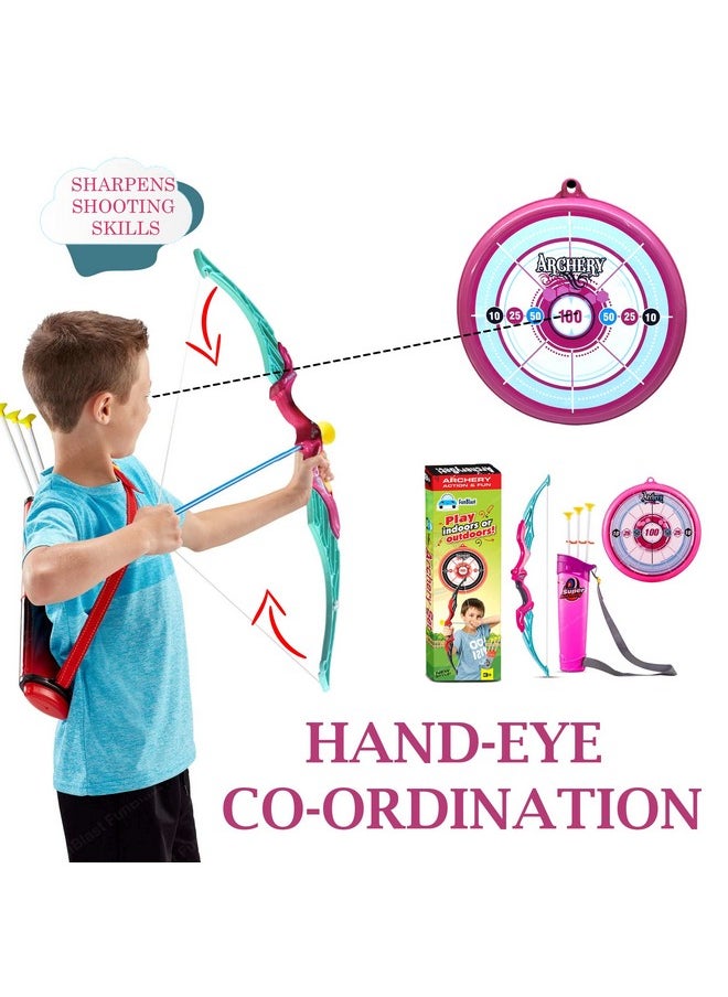 FunBlast Bow and Arrow Toy Set - Target Shooting Archery Toy Set, Real Action Shooting Bow and Arrow, Indoor and Outdoor Shooting Game, 1 Bow and 3 Arrow (Pink)