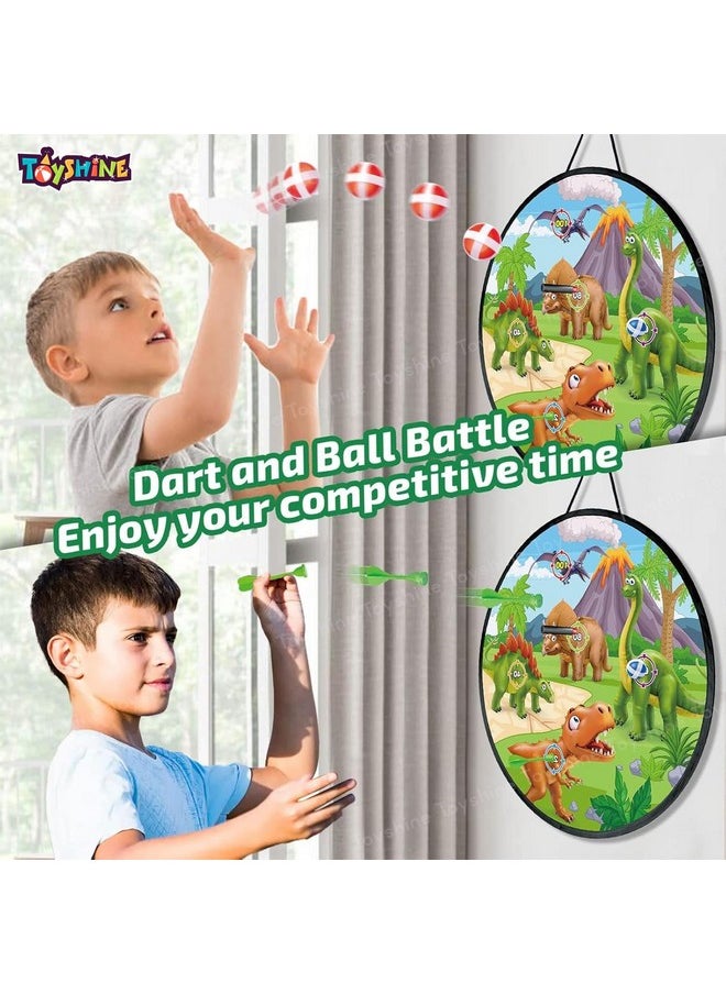 Toyshine 28 Inch Foldable Shooting Target Dinosaur Dartboard with 4 Balls, 4 Darts and 4 Flying Disc with Dino Launcher Toy | Indoor Outdoor Toy Boys Girls 3 4 5 6 7 8+ Years