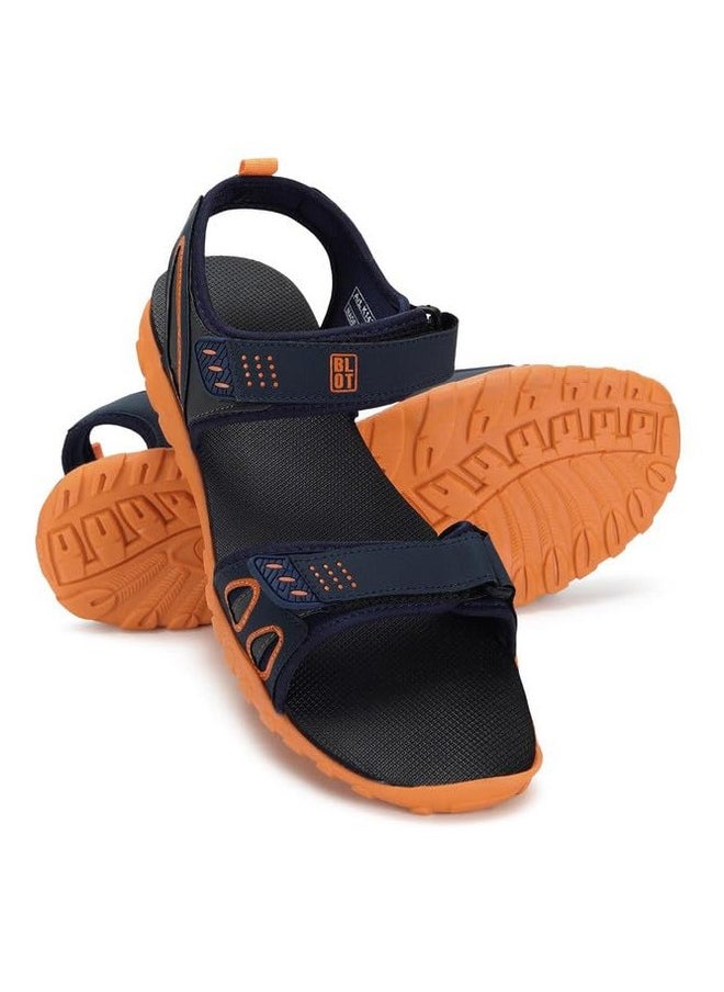 PARAGON K1422G Stylish Velcro Sandals for Men | Durable, Comfortable & Lightweight Sandals with Cushioned Soles | Easily Washable | Ideal for Outdoor Use Navy Blue - Orange