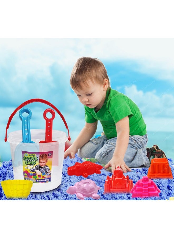 FunBlast Kinetic Sand and Mould for Kids - Sand Clay Kit for Kids Activity Toys, Soft Sand Clay & Moulds Toys for Kids, Boys, Girls - Sand - Approx. 1 Kg & Beach Toys - 9 PCS (Multicolor) (Blue)
