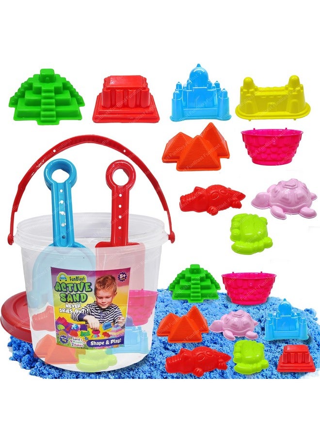 FunBlast Kinetic Sand and Mould for Kids - Sand Clay Kit for Kids Activity Toys, Soft Sand Clay & Moulds Toys for Kids, Boys, Girls - Sand - Approx. 1 Kg & Beach Toys - 9 PCS (Multicolor) (Blue)