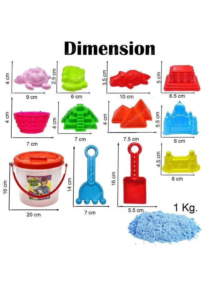 FunBlast Kinetic Sand and Mould for Kids - Sand Clay Kit for Kids Activity Toys, Soft Sand Clay & Moulds Toys for Kids, Boys, Girls - Sand - Approx. 1 Kg & Beach Toys - 9 PCS (Multicolor) (Blue)