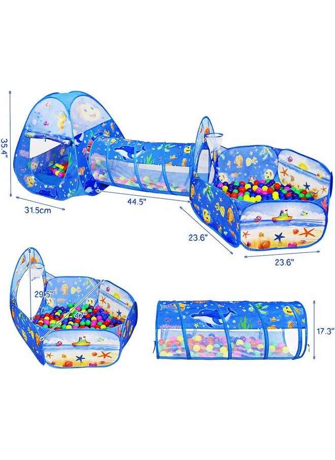 BabyGo 3 -In-1 Ocean Ball Pool Tunnel For Kids 1-5 Years Girls Boys Toddlers Ball Pit Foldable Tent House For Kids Activity Indoor-Outdoor Toys ( Balls Not Included) - Blue