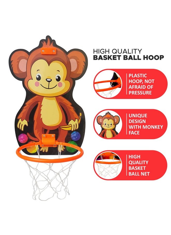 NHR Small Basket Ball kit Set with Ring for Kids, Playing Indoor Outdoor Basket Ball, Hanging Board with Net & Ball (Monkey Face Printed) Multicolor