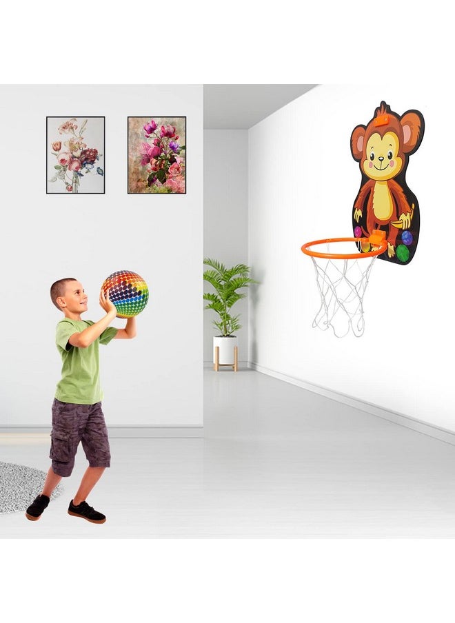 NHR Small Basket Ball kit Set with Ring for Kids, Playing Indoor Outdoor Basket Ball, Hanging Board with Net & Ball (Monkey Face Printed) Multicolor