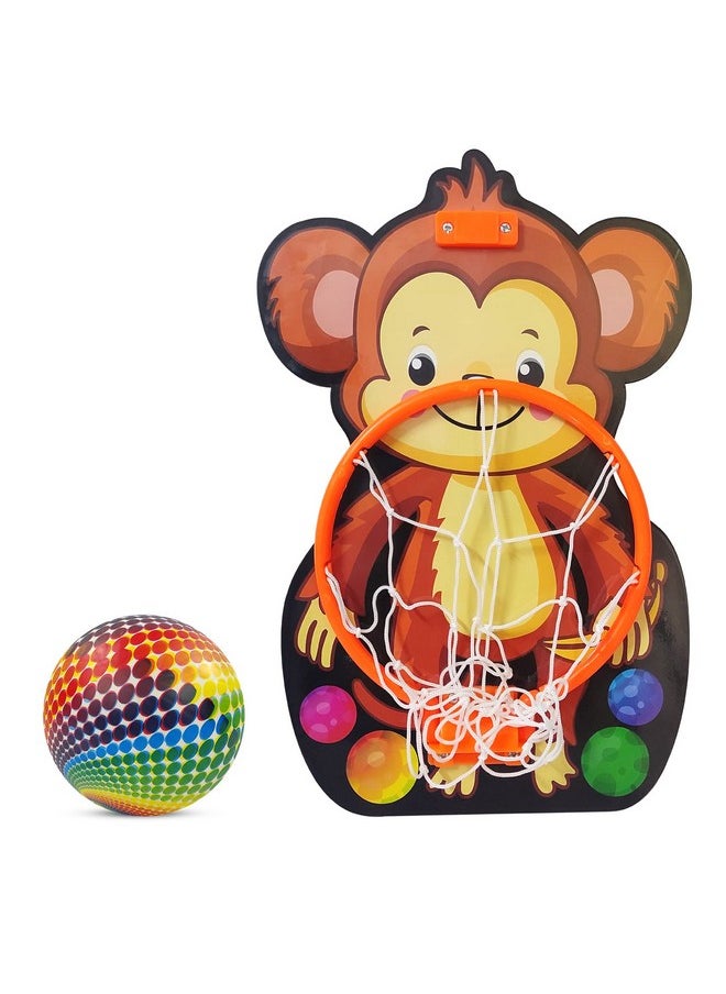 NHR Small Basket Ball kit Set with Ring for Kids, Playing Indoor Outdoor Basket Ball, Hanging Board with Net & Ball (Monkey Face Printed) Multicolor