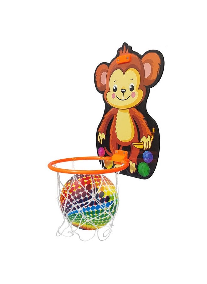 NHR Small Basket Ball kit Set with Ring for Kids, Playing Indoor Outdoor Basket Ball, Hanging Board with Net & Ball (Monkey Face Printed) Multicolor