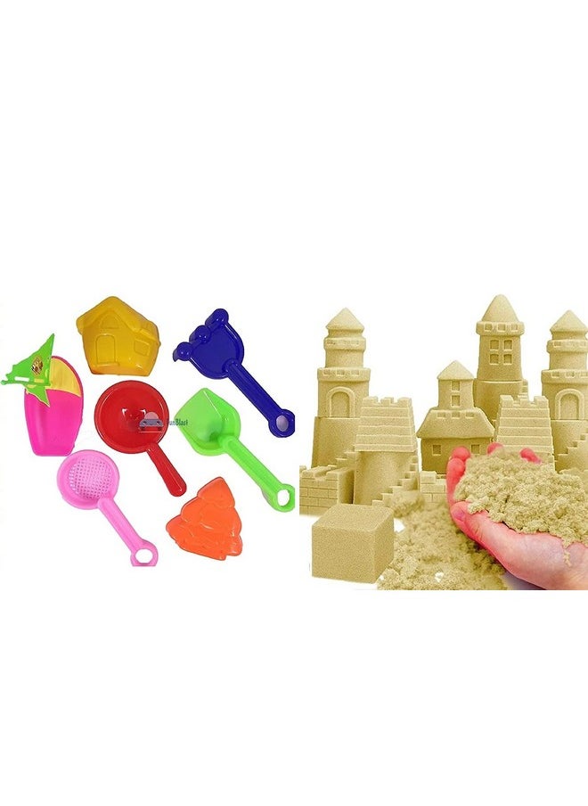FunBlast Kinetic Sand and Mould for Kids - Sand Clay Kit for Kids Activity Toys | Soft Sand Clay & Moulds Toys for Kids|Boys|Girls - Sand- Approx 1 Kg & Beach Toys- 8 PCS (Multicolor)