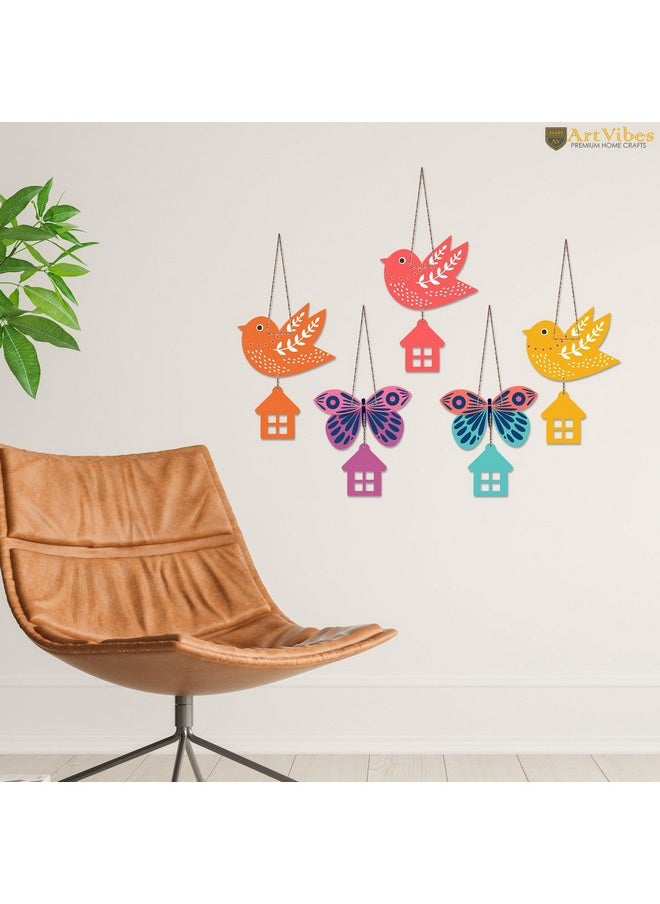 Artvibes Multicolored Birds & Butterfly Wooden Wall Hanging for Home Decoration | Garden Balcony | Office | Cafe | Decorative Door Hanging | Festive Decor Art Items (WH_9126N), Pack of 5