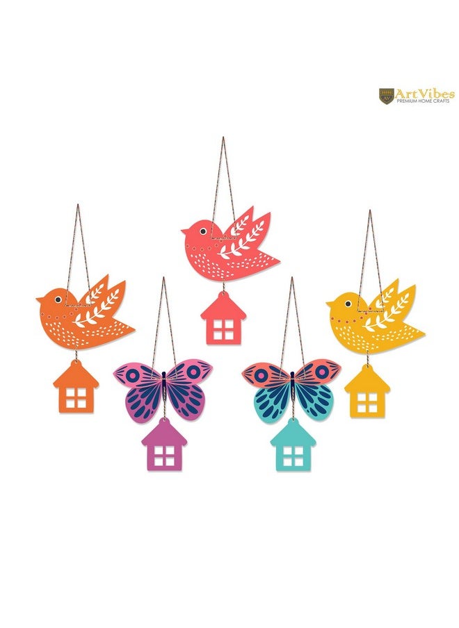 Artvibes Multicolored Birds & Butterfly Wooden Wall Hanging for Home Decoration | Garden Balcony | Office | Cafe | Decorative Door Hanging | Festive Decor Art Items (WH_9126N), Pack of 5