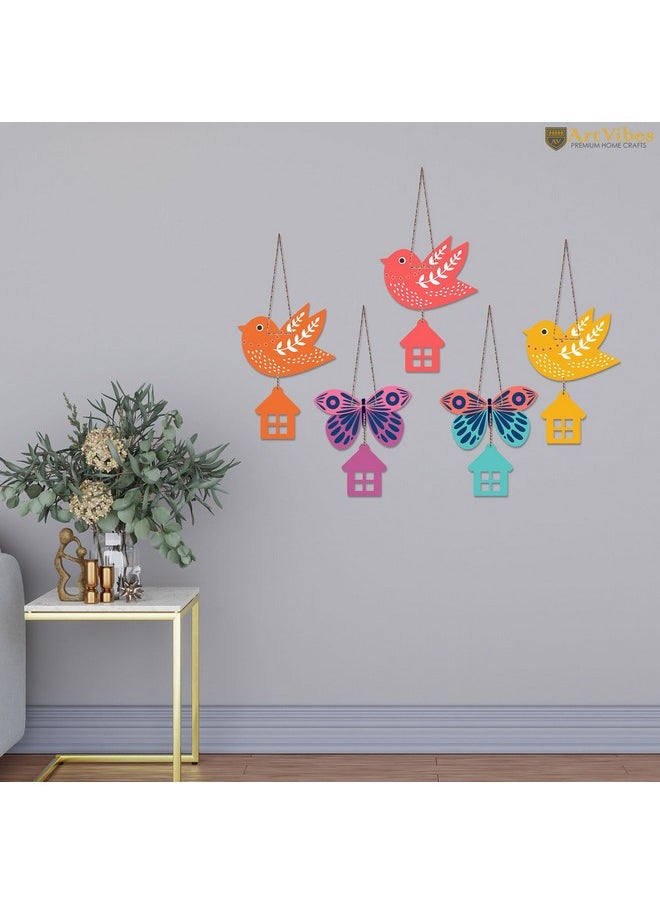 Artvibes Multicolored Birds & Butterfly Wooden Wall Hanging for Home Decoration | Garden Balcony | Office | Cafe | Decorative Door Hanging | Festive Decor Art Items (WH_9126N), Pack of 5