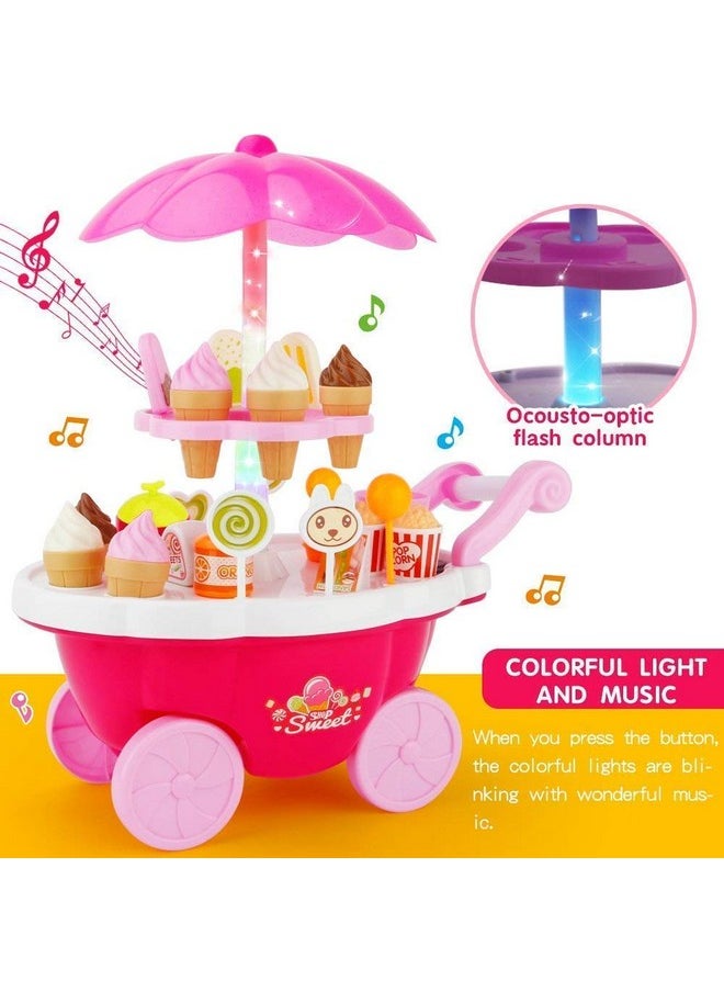 Storio Plastic Ice Cream Sweet Trolley Cart Pretend Play Set with Music and Lights Toys for Girls, Colour May Vary, 39 Accessories