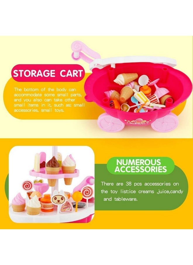 Storio Plastic Ice Cream Sweet Trolley Cart Pretend Play Set with Music and Lights Toys for Girls, Colour May Vary, 39 Accessories