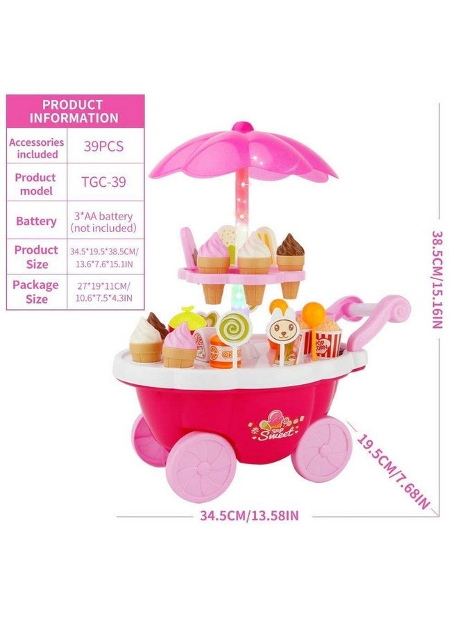 Storio Plastic Ice Cream Sweet Trolley Cart Pretend Play Set with Music and Lights Toys for Girls, Colour May Vary, 39 Accessories
