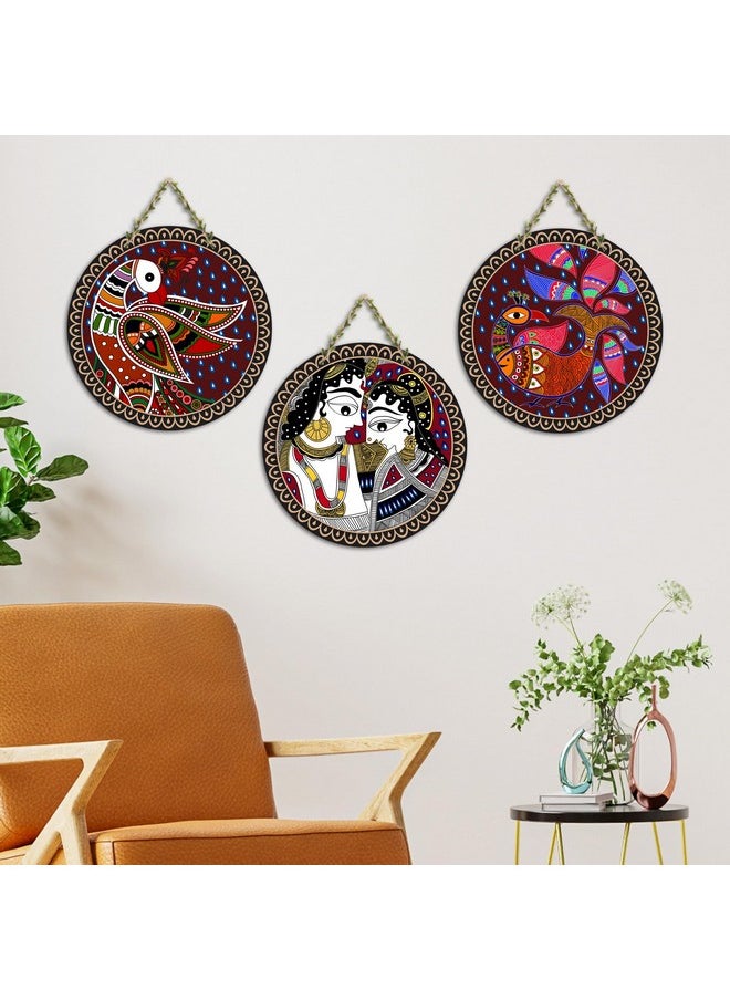 Artvibes Madhubani Art Wooden Wall Hanging Decoration Items for Home | Bedroom | Mdf Designer Artwork Decorative for Living Room | Ideal Gift | Stylish Modern Decor Item for Hall (WH_9903N) (Set of 3)
