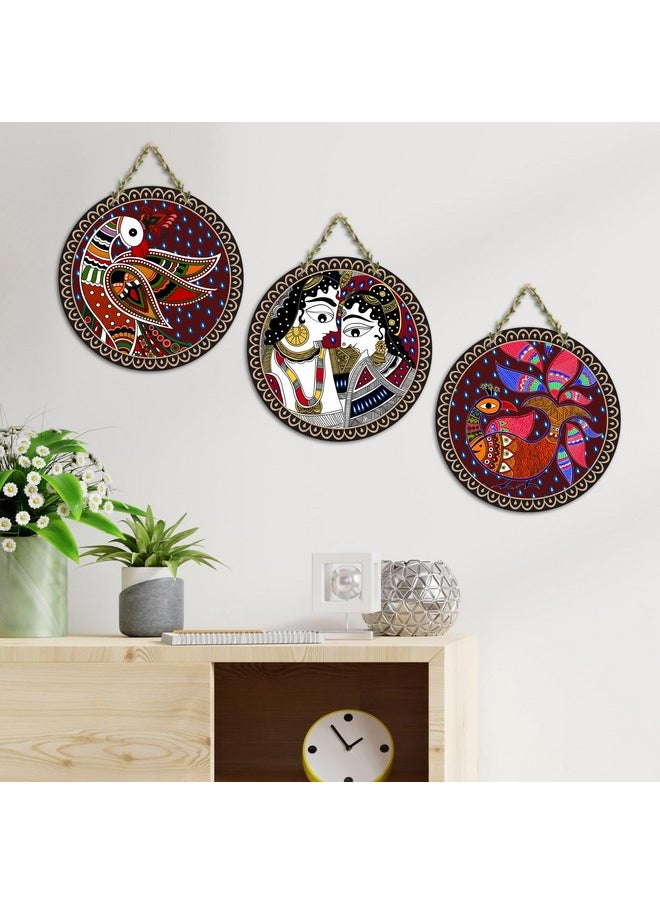 Artvibes Madhubani Art Wooden Wall Hanging Decoration Items for Home | Bedroom | Mdf Designer Artwork Decorative for Living Room | Ideal Gift | Stylish Modern Decor Item for Hall (WH_9903N) (Set of 3)