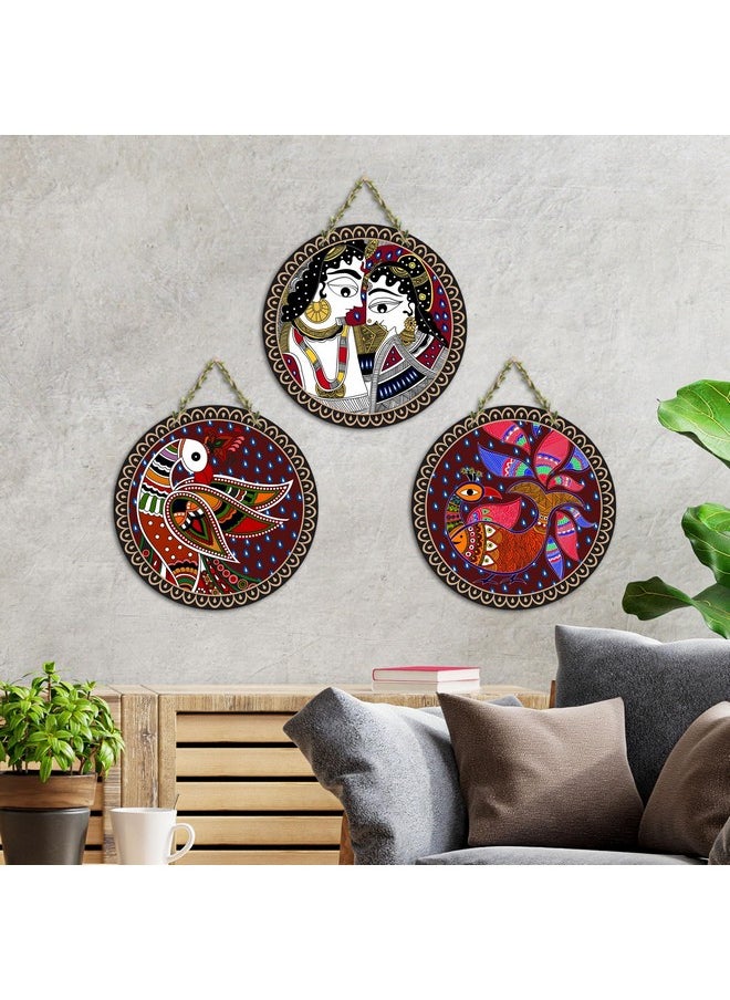 Artvibes Madhubani Art Wooden Wall Hanging Decoration Items for Home | Bedroom | Mdf Designer Artwork Decorative for Living Room | Ideal Gift | Stylish Modern Decor Item for Hall (WH_9903N) (Set of 3)