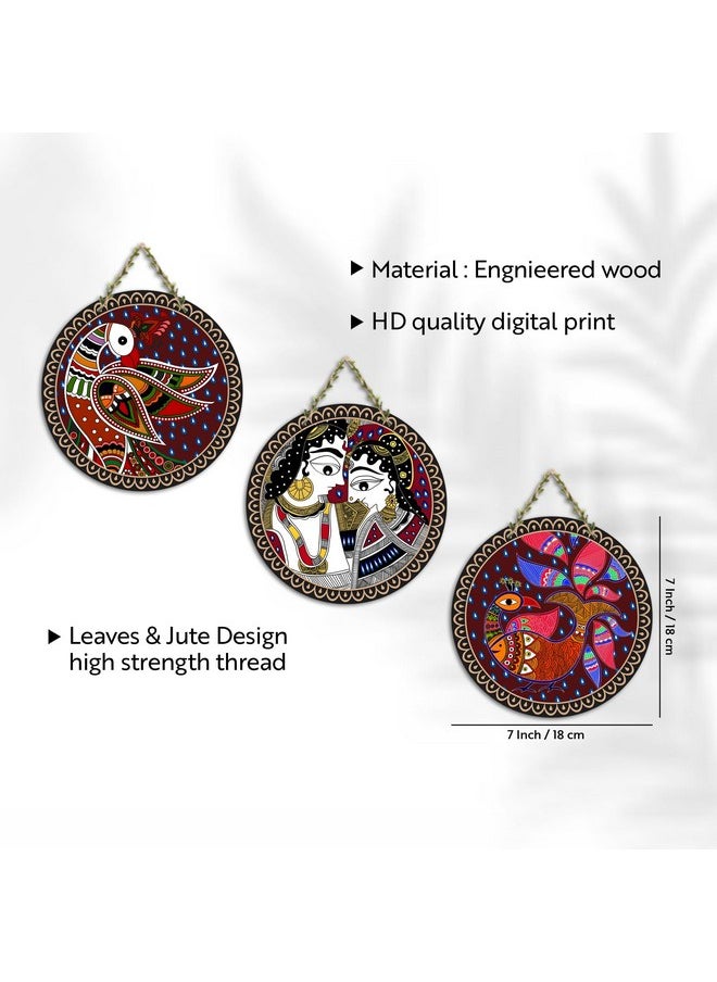Artvibes Madhubani Art Wooden Wall Hanging Decoration Items for Home | Bedroom | Mdf Designer Artwork Decorative for Living Room | Ideal Gift | Stylish Modern Decor Item for Hall (WH_9903N) (Set of 3)