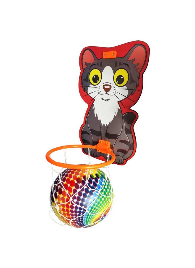 NHR Small Basket Ball Kit Set with Ring for Kids, Playing Indoor Outdoor Basket Ball, Hanging Board with Net & Ball (Cat Face Printed), Multi Color