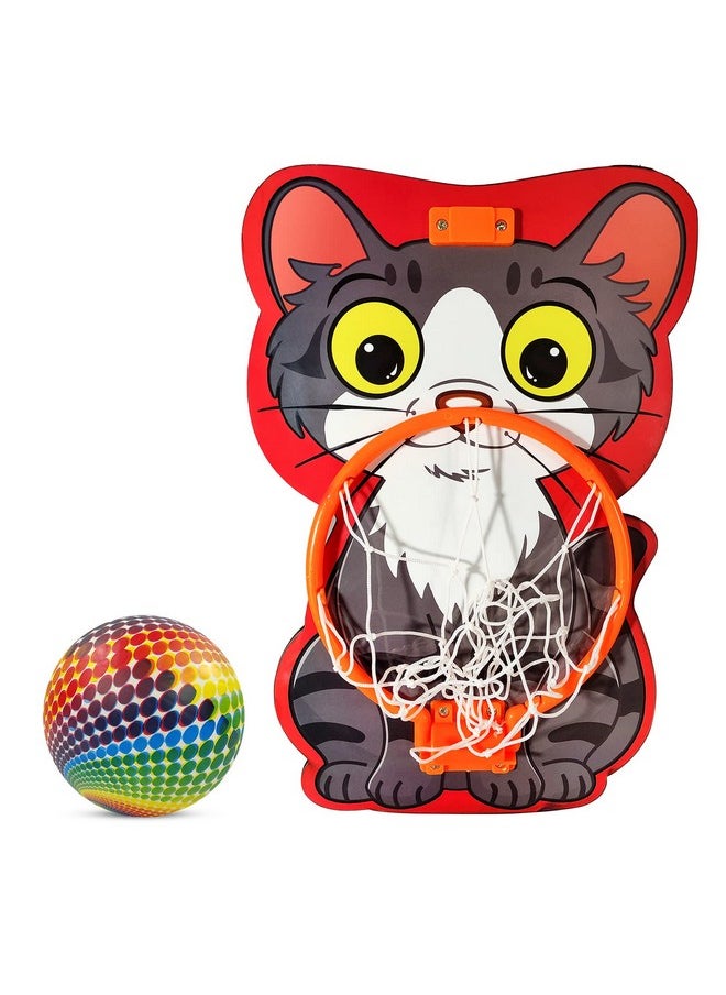 NHR Small Basket Ball Kit Set with Ring for Kids, Playing Indoor Outdoor Basket Ball, Hanging Board with Net & Ball (Cat Face Printed), Multi Color